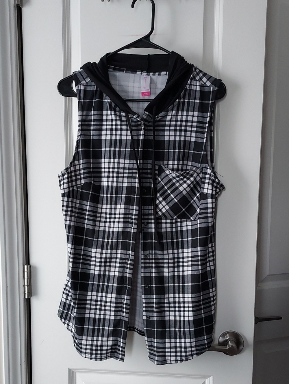 Sleeveless Black & White Plaid Hooded Shirt - Kids